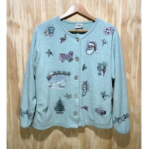 VTG Artisans fleece jacket christmas tree noel novelty print USA made women L